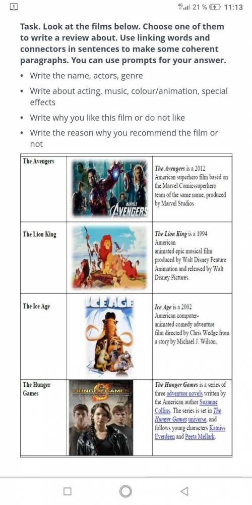 Look at the films below. Choose one of them to write a review about. Use linking words and connector