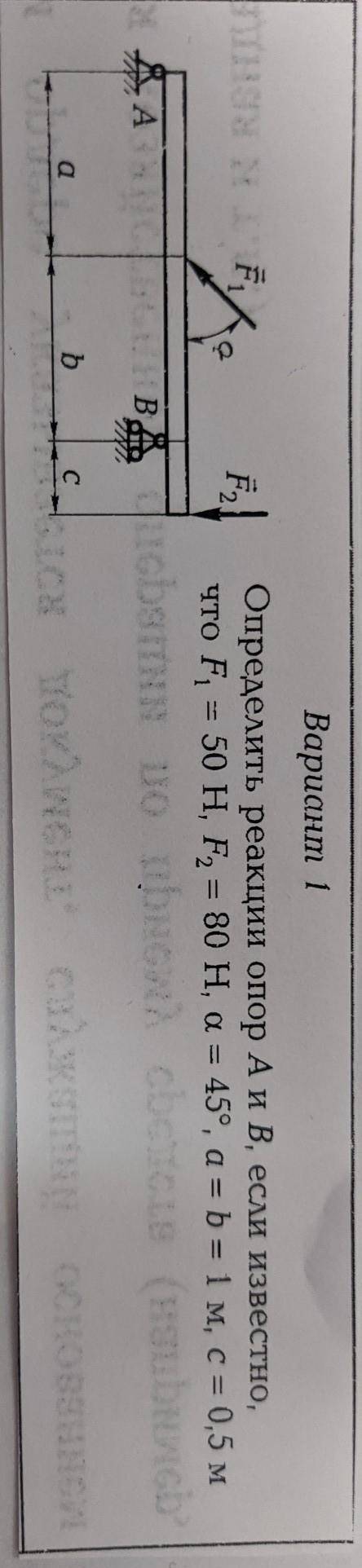 Определить реакции опор A и B, если известно, что F1=50H,F2=80H,a=45°,a=b=1 М, c=0,5 М. ​