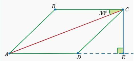 Площадь параллелограмма ABCD равна 24 см2, BC = 6 см, ∠ACB = 30°. Найди длину диагонали AC. Делать п