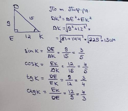 дано треугольник ДЕК угол Е=90° ДЕ=9 ЕК=12 Найти:синус,косинус, тангенс, котангенс угла К
