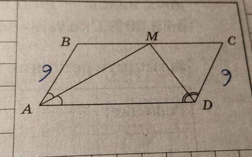 1 Биссектрисы углов A и D параллелограмма ABCD пересекаются вточке M, лежащей на стороне BC. Найдите