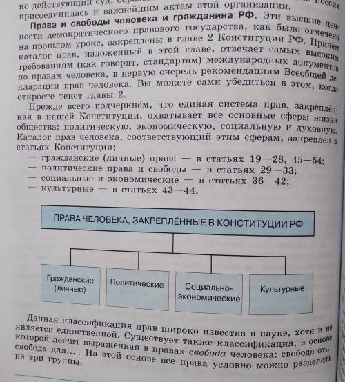 В § 10-11 в подразделе Права и свободы человека и гражданина РФ приведена классификация прав и сво
