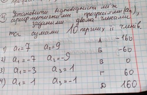 Установити відповідність між арифмечними прогресіями (an) заданими двома числами та сумами 10 перших