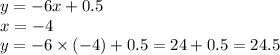 y = - 6x + 0.5 \\ x = - 4 \\ y = - 6 \times ( - 4) + 0.5 = 24 + 0.5 = 24.5
