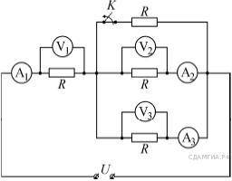 Электрическая цепь состоит из источника постоянного напряжения, четырёх резисторов, сопротивлением R