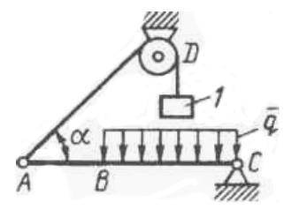 Балка АС закреплена в шарнире С и поддерживается в горизонтальном положении веревкой AD, перекинутой