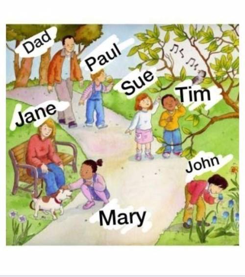 Look at the picture and answer the following questions.•Is Jane sitting on a bench? •Are Sue and Tim