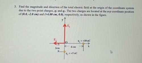 Найдите величину и направление полного электрического поля в начале системы координат из-за двух точ