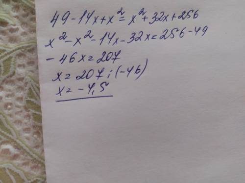 Найдите корень уравнения (7-x)^2=(x+16)^2