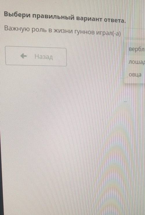 Выбери правильный ответ вариант ответа. Важную роль в жизни гуннов играл(а)-верблюд, лошадь, овца​
