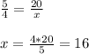 \frac{5}{4}=\frac{20}{x} \\\\x=\frac{4*20}{5}=16 \\