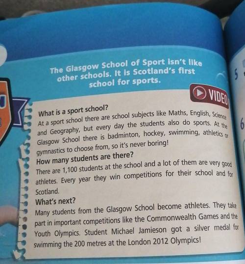 B) Find four school subjects and five sports in the text. Which sport can you see in the picture? ,