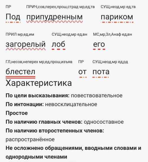 сделать синтаксический разбор предложения: Под препудреным париком, загорелый лоб его, блестел от по