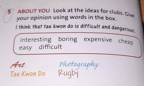 5 ABOUT YOU Look at the ideas for clubs. Give your opinion using words in the box.I think that tae k