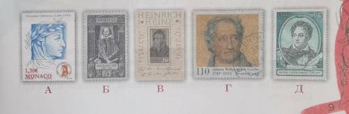 Розгляньте поштові марки різних країн і вкажіть, на якій зобра- жений письменник, що йому присвятила