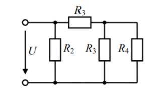 Для круга значения сопротивлений резисторов уровне R1, R2, R3, R4, напряжение на зажимах цепи равна