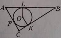 На рисунку точки К, L i F - точки дотику кола з центром О до сторін трикутника АВС. Визначте, якому