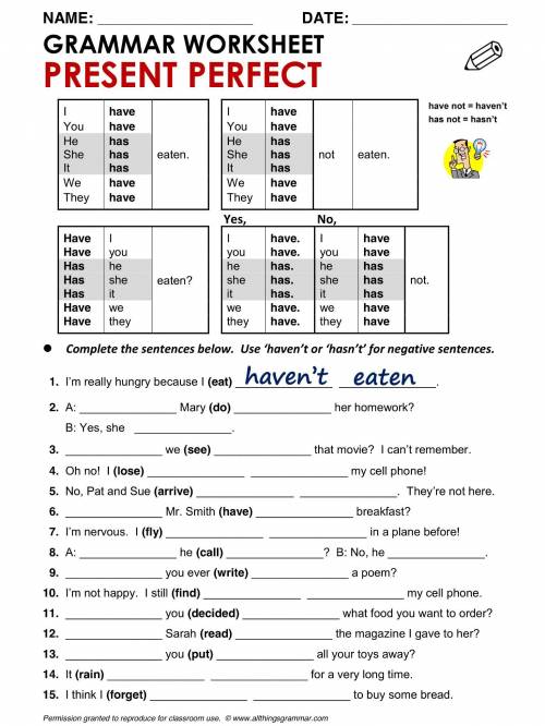 Grammar worksheets present perfect 7 class