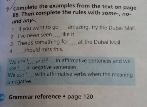 M Complete the examples from the text on page 88. Then complete the rules with some-, no-and any-If