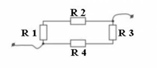 Чотири опори R1 = 2 Oм , R2 = 3 Oм , R3=4 Oм , R4 = 1 Oм з’єднаніза схемою, що зображена на рисунку.