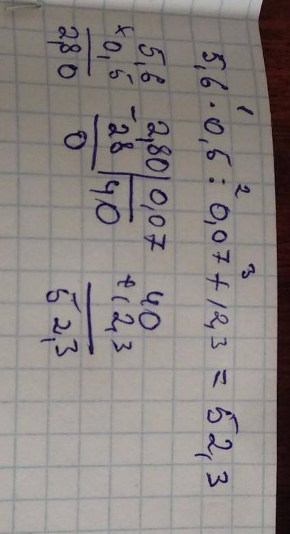 Пример по действия действия столбиком 5,6*0,5:0,07+12,3