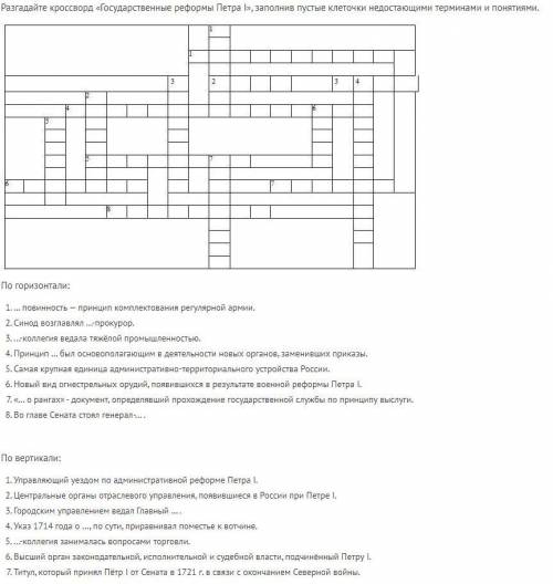 Разгадайте кроссворд «Государственные реформы Петра I», заполнив пустые клеточки недостающими термин