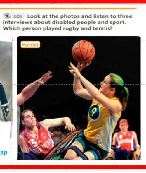 Look at the photos and listen to three interviews about disabled people and sport.Which person plate