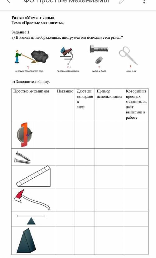 Здел «Момент силы» Тема «Простые механизмы»Задание 1a) В каком из изображенных инструментов использу