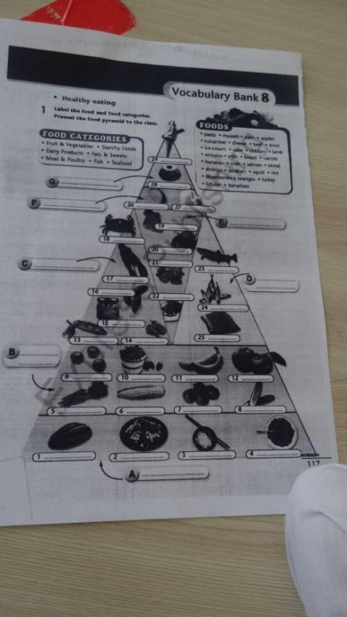 Label the food and food categories.Present the food pyramid to the class. Помагите