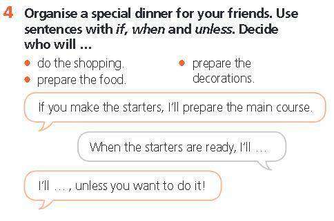 4 Organise a special dinner for your friends. Use sentences with if, when and unless. Decide who wil