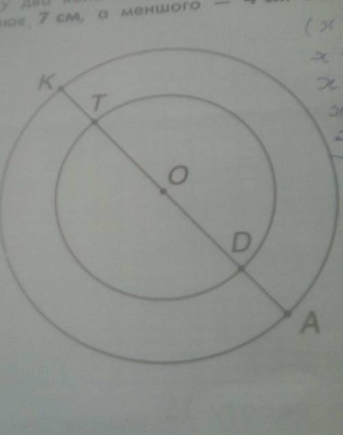 На поданому рисунку два кола мають спільний центр у точці О. Діаметр більшого кола дорівнює 7 см, а