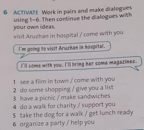 6 ACTIVATE Work in pairs and using 1-6. Then continue the dialogues withyour own ideas.visit Aruzhan