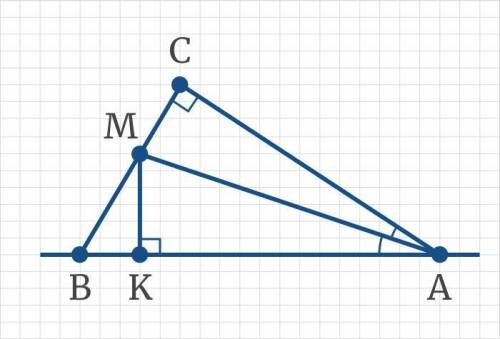 Опираясь на рисунок, найдите расстояние от точки M до прямой AB, если угол B = 30, MC = MB = 40 см.