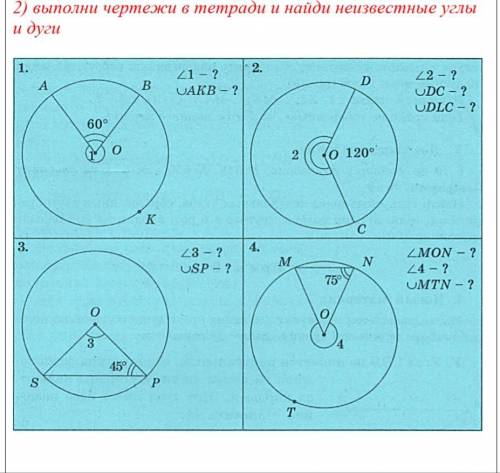 Выполни чертежи в тетради и найди неизвестные углы и дуги пожайлусто с полным решением и записью.
