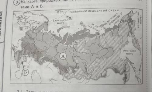 На карте природных зон России две зоны обозначены буквами А и Б 3.1. Запиши соответствующие названия