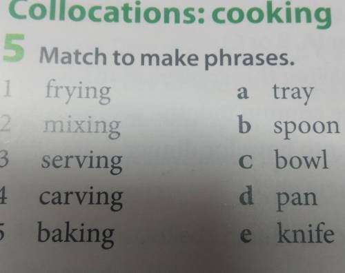 Collocations: cooking 5 Match to make phrases.1 fryinga tray2 mixingb spoon3 serving4 carving5 bakin