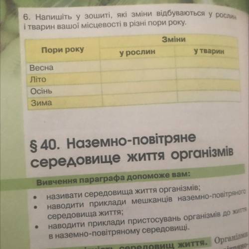 6. Напишіть у зошиті, які зміни відбуваються у рослин і тварин вашої місцевості в різні пори року. З