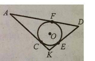 У трикутнику AKD вписано коло яке дотикається його сторін у точках це ЄС знайдіть периметр трикутник