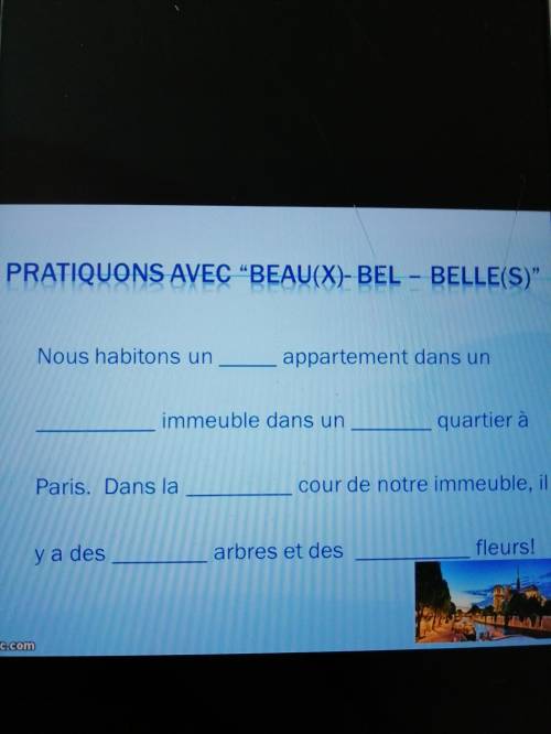 Треба вставити PRATIQUONS AVES BEAU(X) - BEL - BELLE(S)