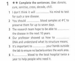 Complete the sentences. Use: donate, cure, sanitise, cross, decode, chill. 1 I don't think it will .