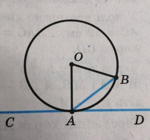 516.° Пряма CD дотикається до кола із центром 0 в точці А, відрізок AB хорда кола, кутAOB = 80° (рис