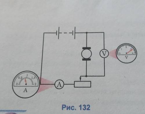 Розрахуйте потужність струму в електродвигуні, використовуючи покази приладів, зображених на рисунку