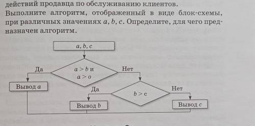 6. Выполните алгоритм, отображенный в виде блок-схемы, при различных значениях a, b, c. Определите,