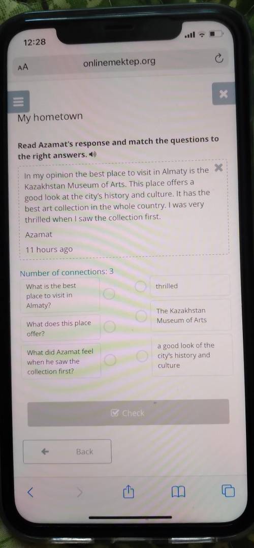 My hometown Read Azamat's response and match the questions tothe right answers,Text !Number of conne