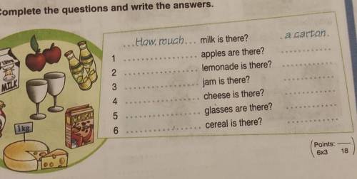 Points: 6X35Complete the questions and write the answers.a carton12MILK3...How.much... milk is there