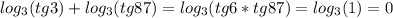 log_3(tg3)+log_3(tg87)=log_3(tg6*tg87)=log_3(1)=0