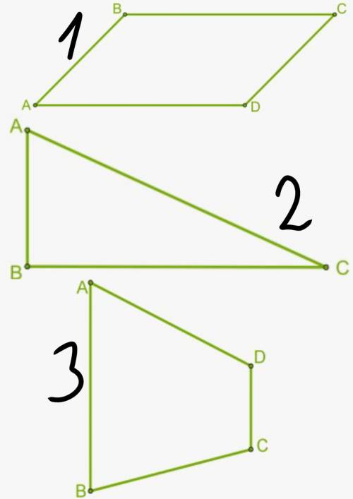 На котором рисунке (рисунках) фигура имеет хотя бы одну пару параллельных сторон? На 3 рисунке Ни на