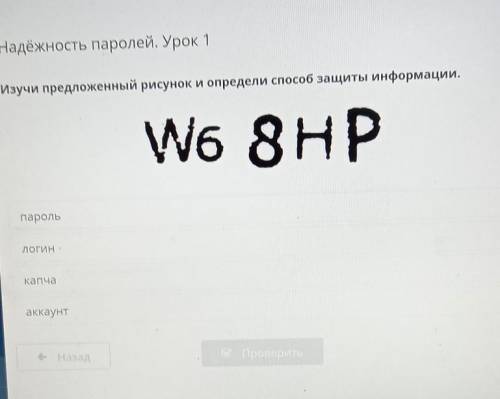 Изучи предложенный рисунок и определи защиты информации. W6 8HPпарольуЛОГИНкапчааккаунте НазадВ Пров