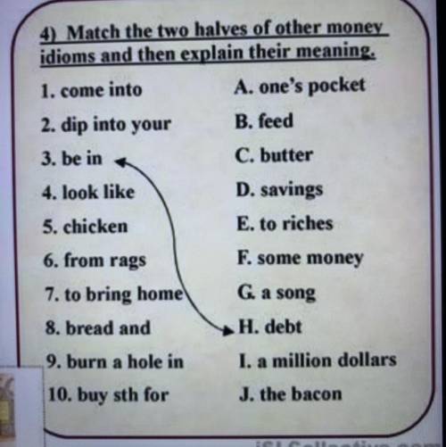 Match the twi halves of other money idioms and then explain their meaning