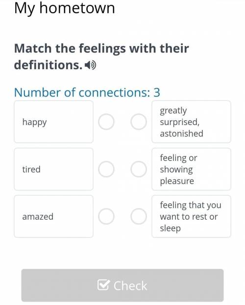 My hometown Match the feelings with their definitions.Number of connections: 3happytiredamazedgreatl